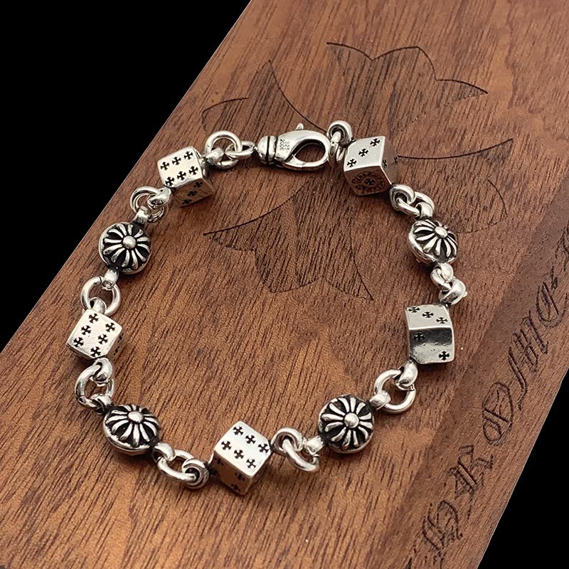 Chrome Hearts Sterling Silver Dice and Flower Bead Bracelet
